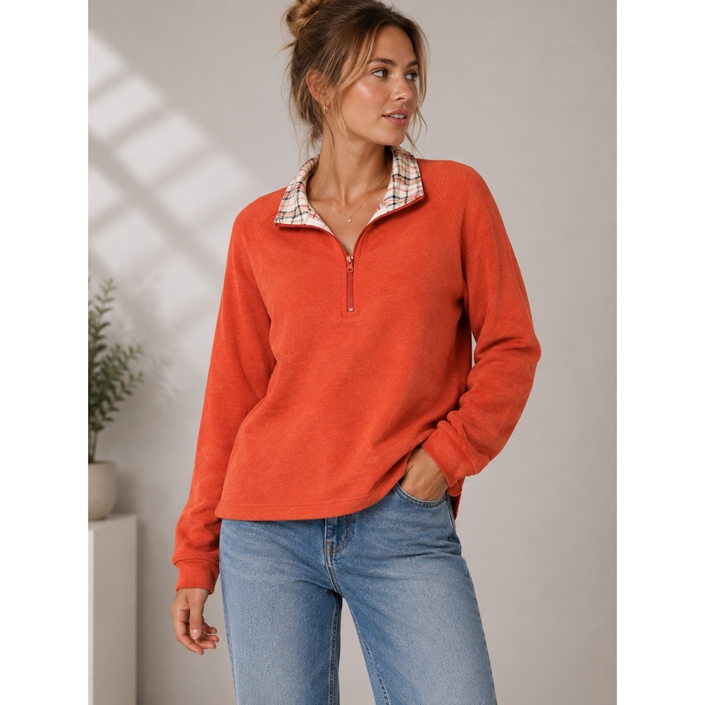 Orvis Orange Quarter Zip Pullover Sweatshirt Plaid Collar Women's Size M |O1